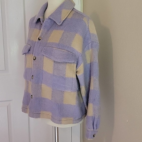 ACOA Plaid Shacket Oversized Jacket Purple Lavender Tan Button up Women's S/M - Picture 3 of 10